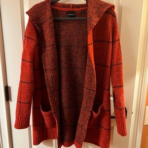 Cyrus Cardigan - Long with Open Front, Hood, and Red Windowpane Pattern